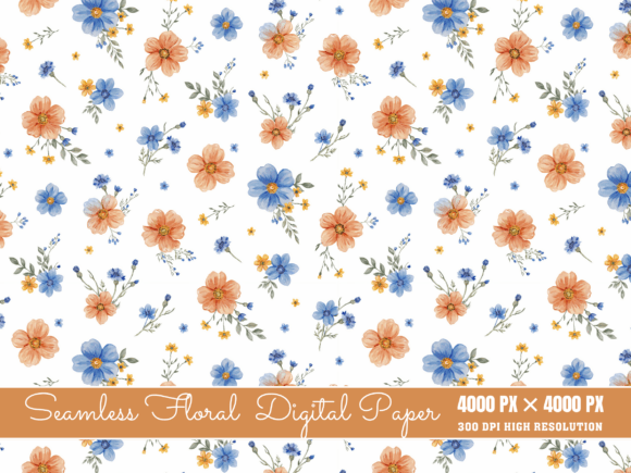 Blue Orange Floral Pattern, Seamless