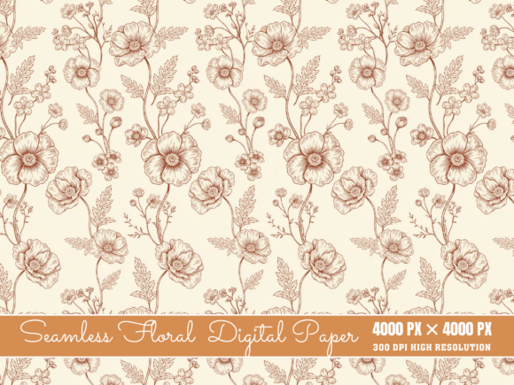 Line Art Floral Pattern, Neutral Floral