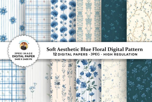 Soft Aesthetic Blue Floral Digital Paper and 12 Cute Pink Cherry Bow Digital Patterns for Creative Projects
